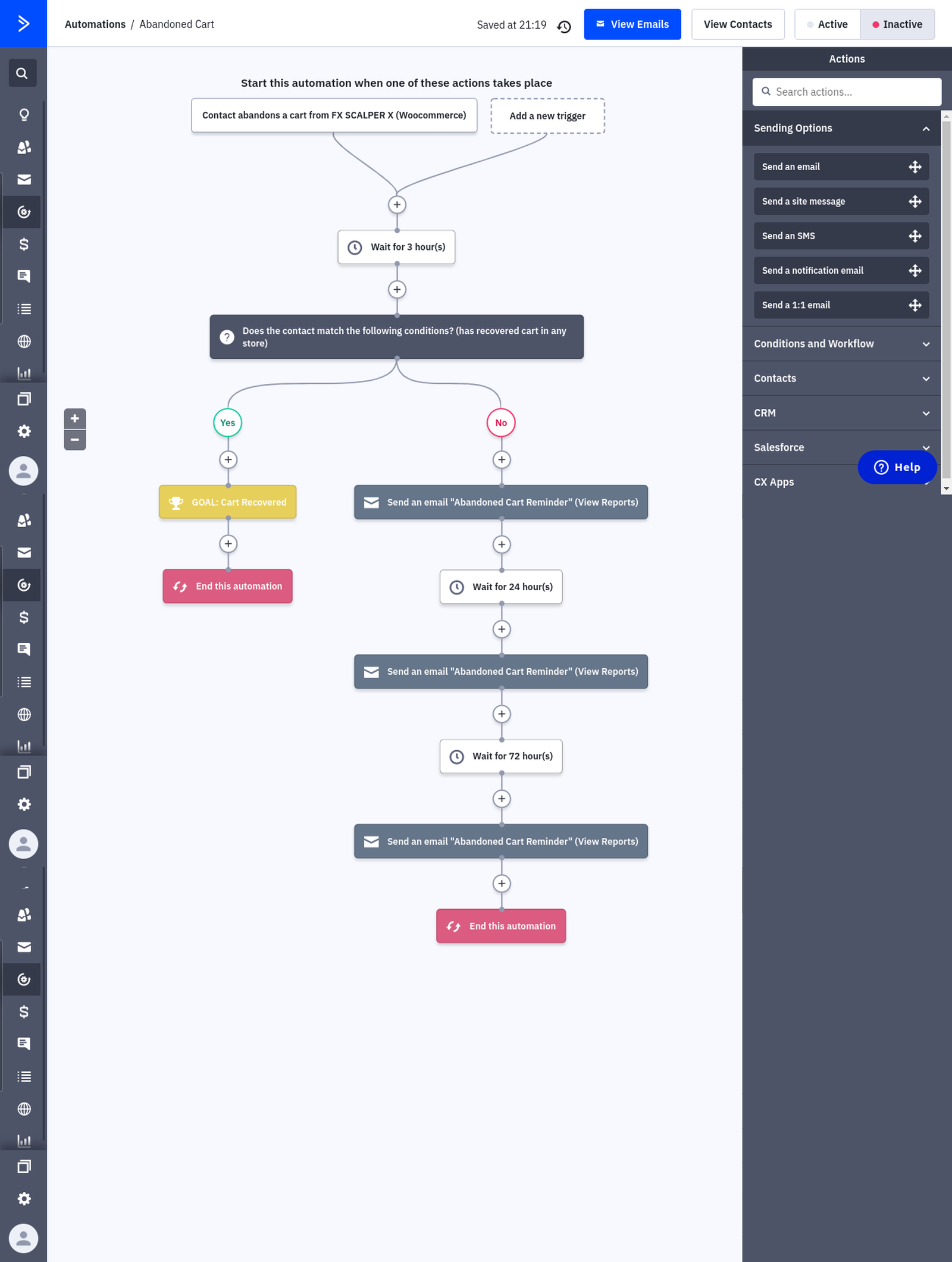 ActiveCampaign three-tier abandoned cart recovery flow connected to WooCommerce with a goal-step exit.
