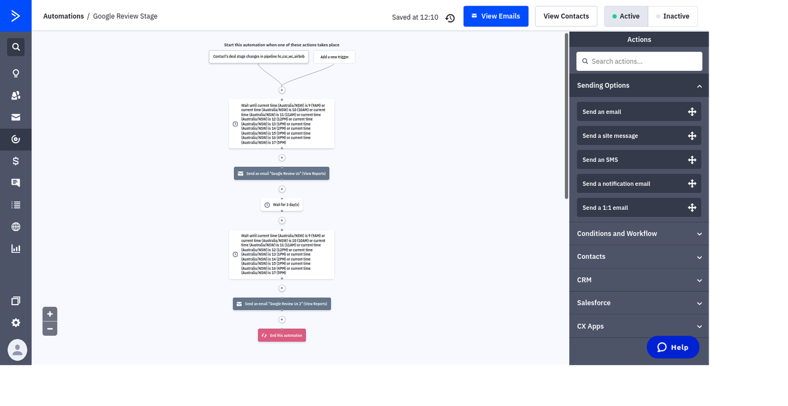 ActiveCampaign post-service follow-up and re-booking automation.
