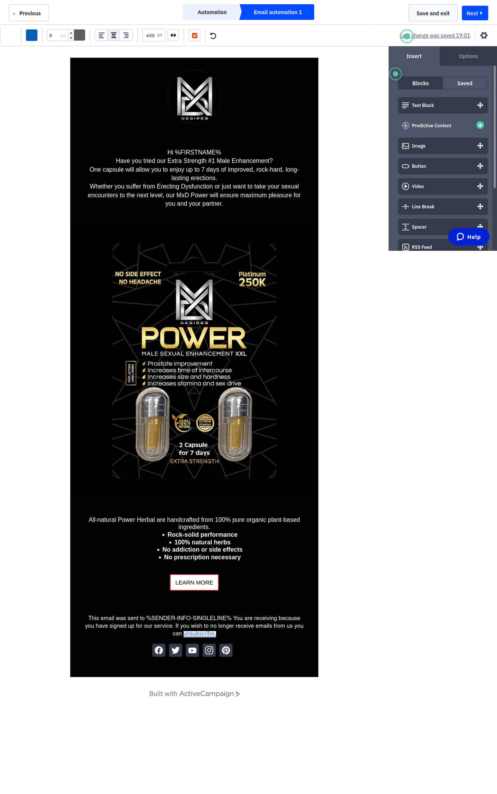 Second branded supplement product email design in ActiveCampaign.