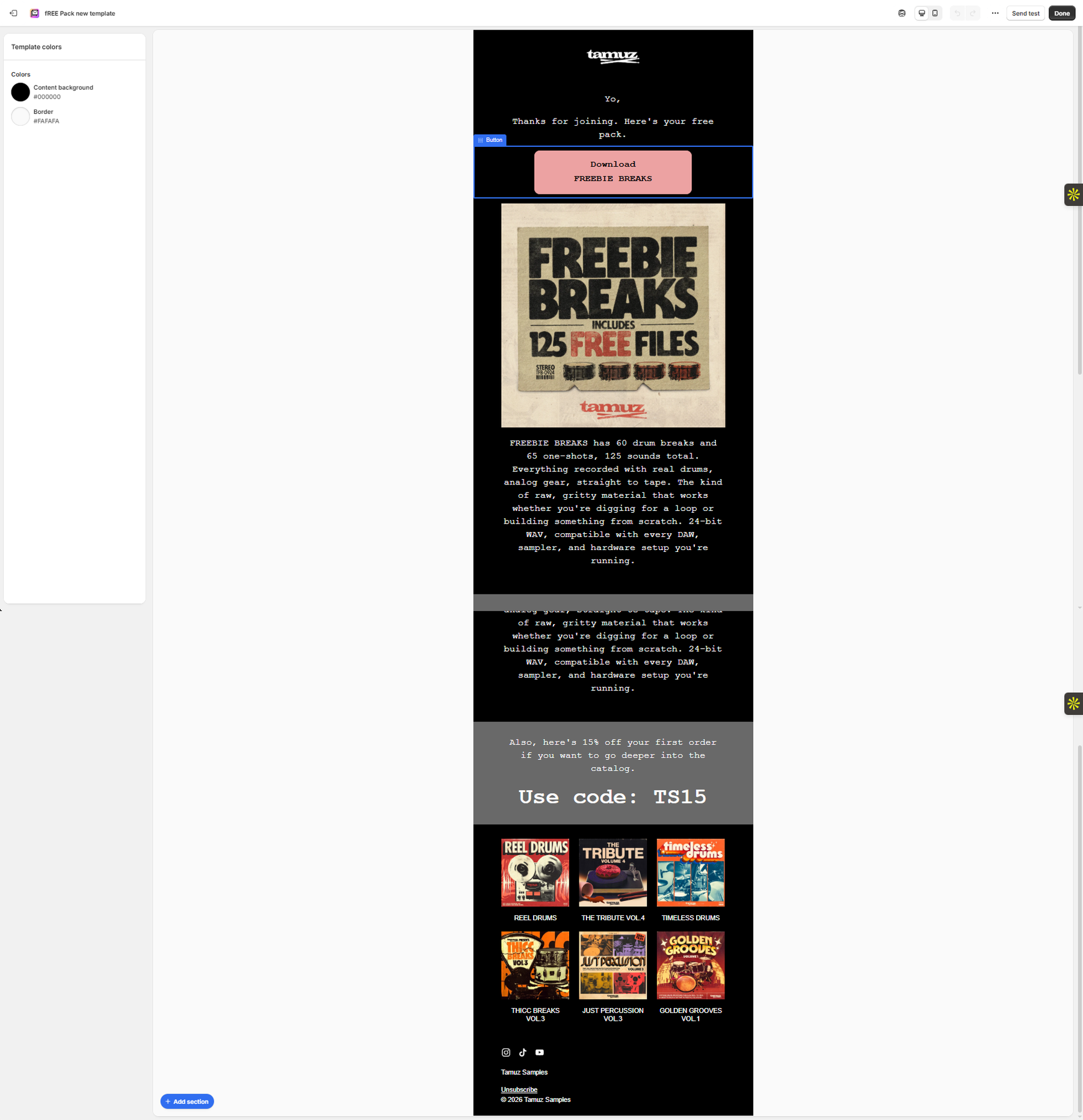 Freebie Breaks email design built in Shopify Email for a music producer sample brand.